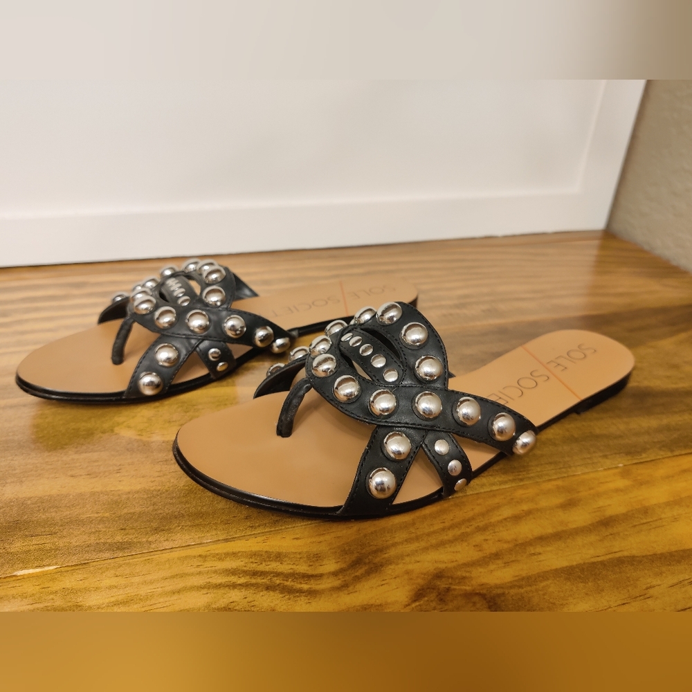 Black Leather and Silver Studded Thong Sandals